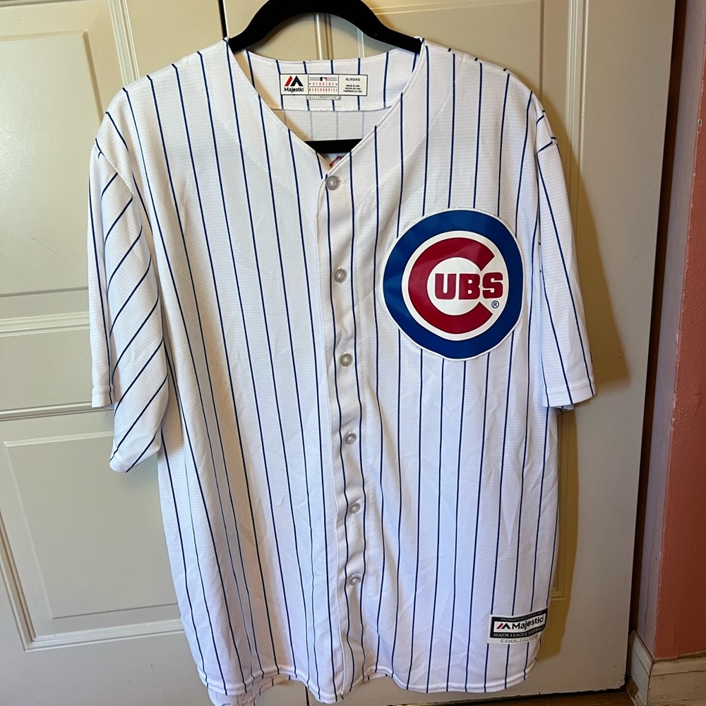 Majestic Chicago Cubs Pinstripe Jersey - White with Blue & Red Logo